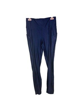 ✨3/$30 Fabletics M Navy Blue Shimmery Sheen Athletic Leggings With Side Pockets
